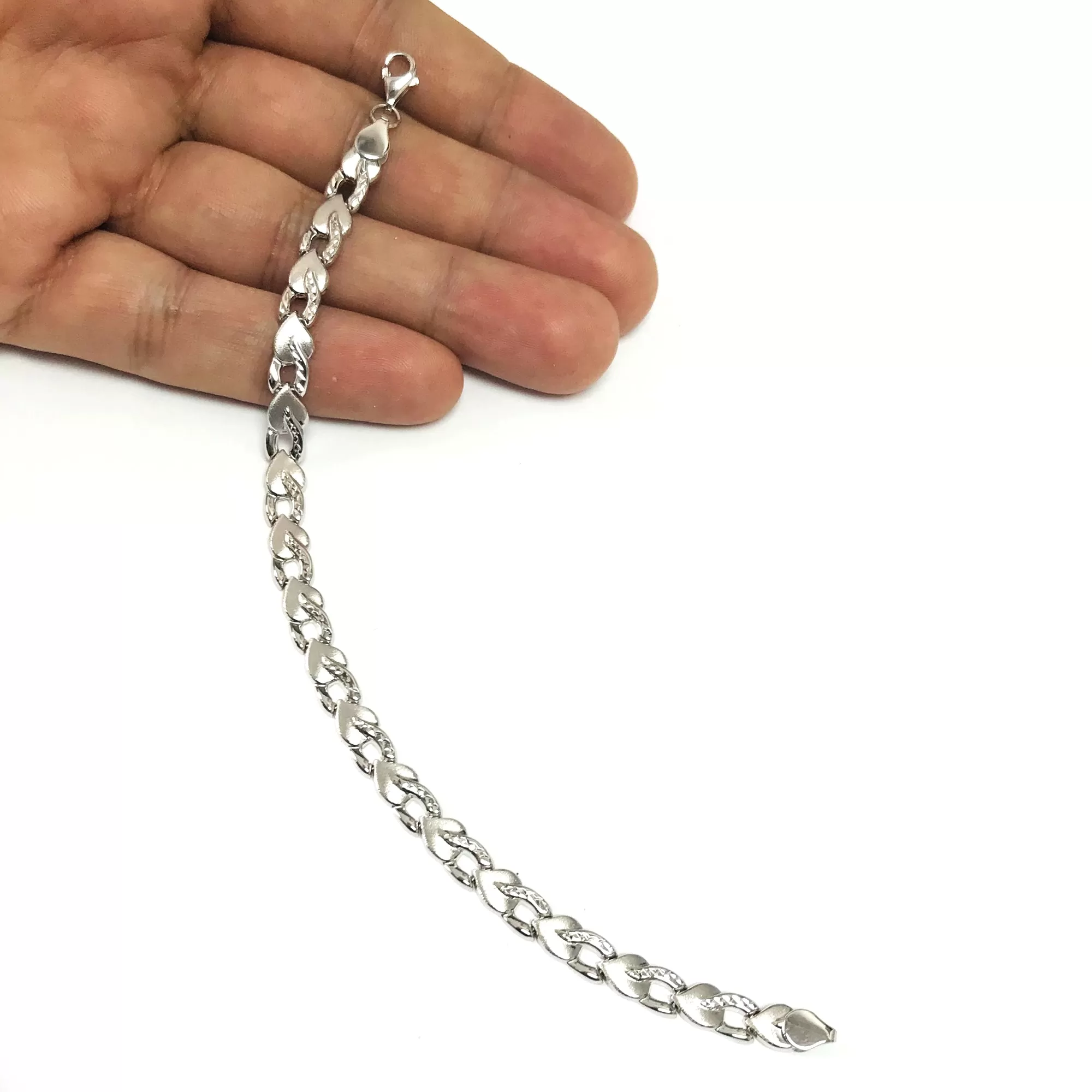 14k White Diamond Cut Heart Shapes Links Bracelet, 7.25