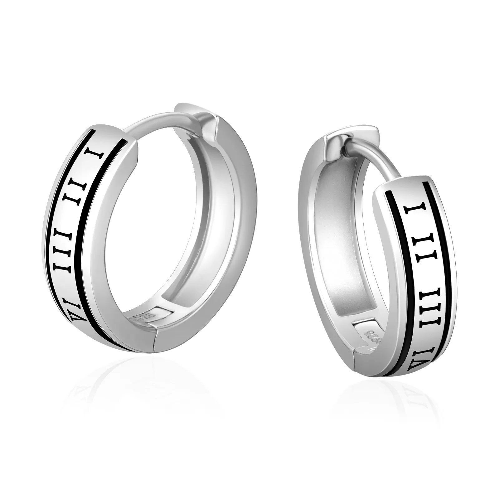 15mm Black Roman Numerals Hoop Earrings for Men