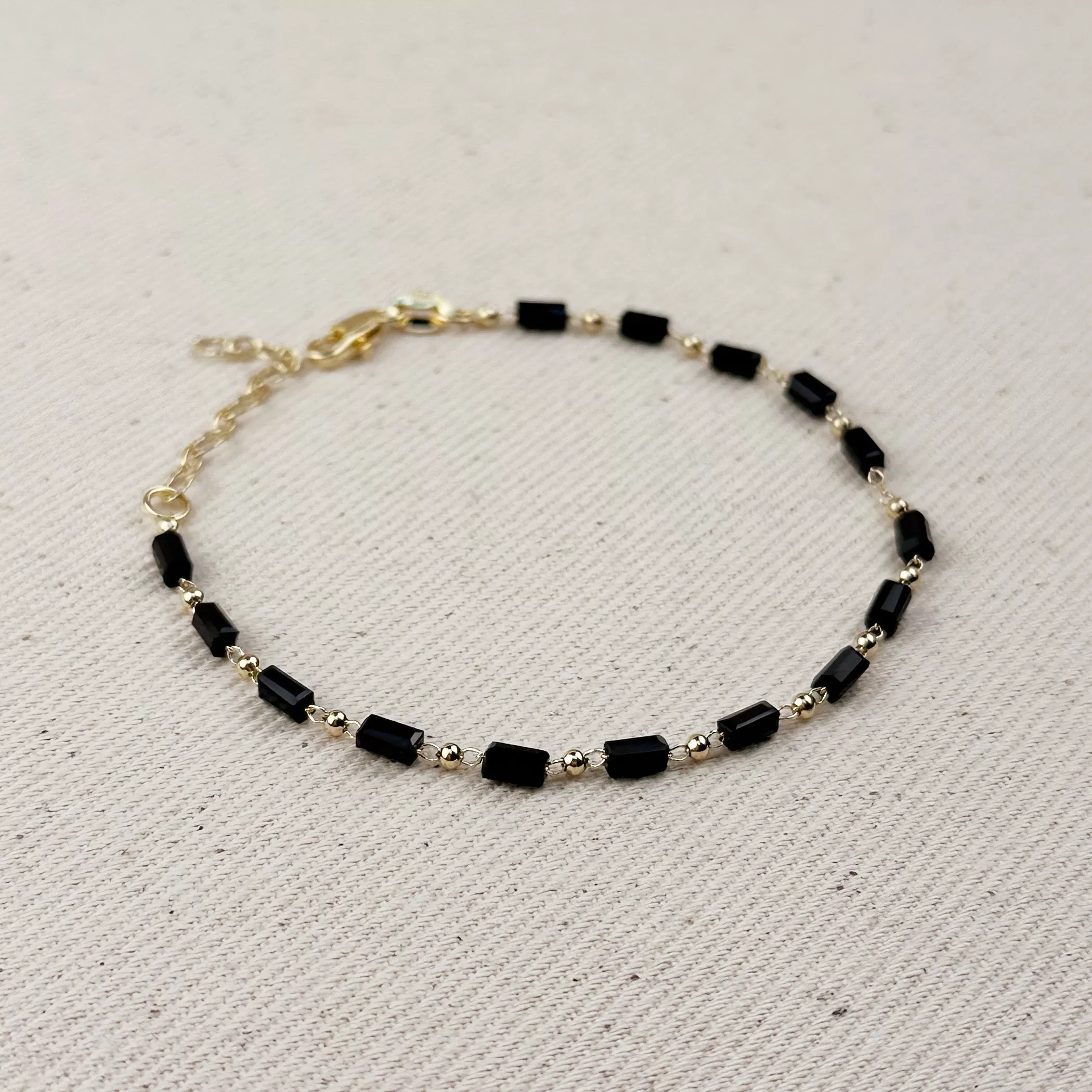 18k Gold Filled 2 mm Black Baguette & Beads Bracelet