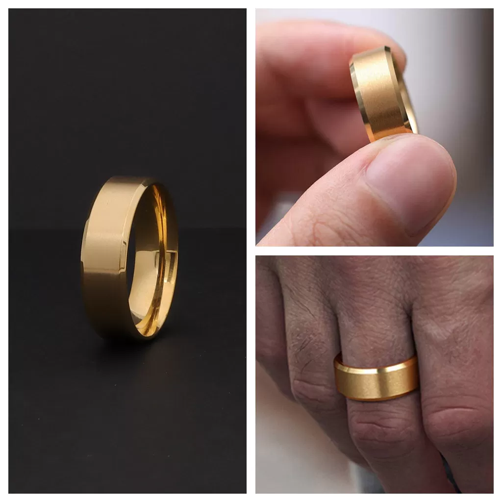 18K Gold Ion-Plated Stainless Steel 8mm Wide Beveled Edge Band Rings