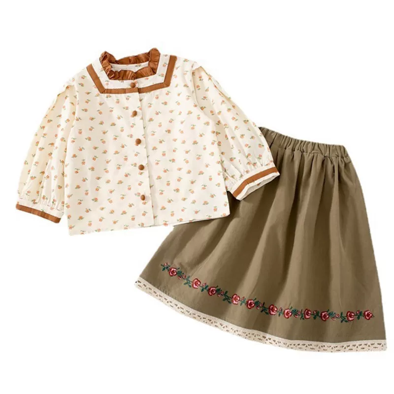 2 Pieces Set Baby Kid Girls Flower Print Tops And Skirts