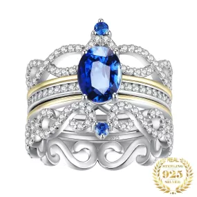 3pcs Luxury Crown Sapphire Ring - 925 Sterling Silver