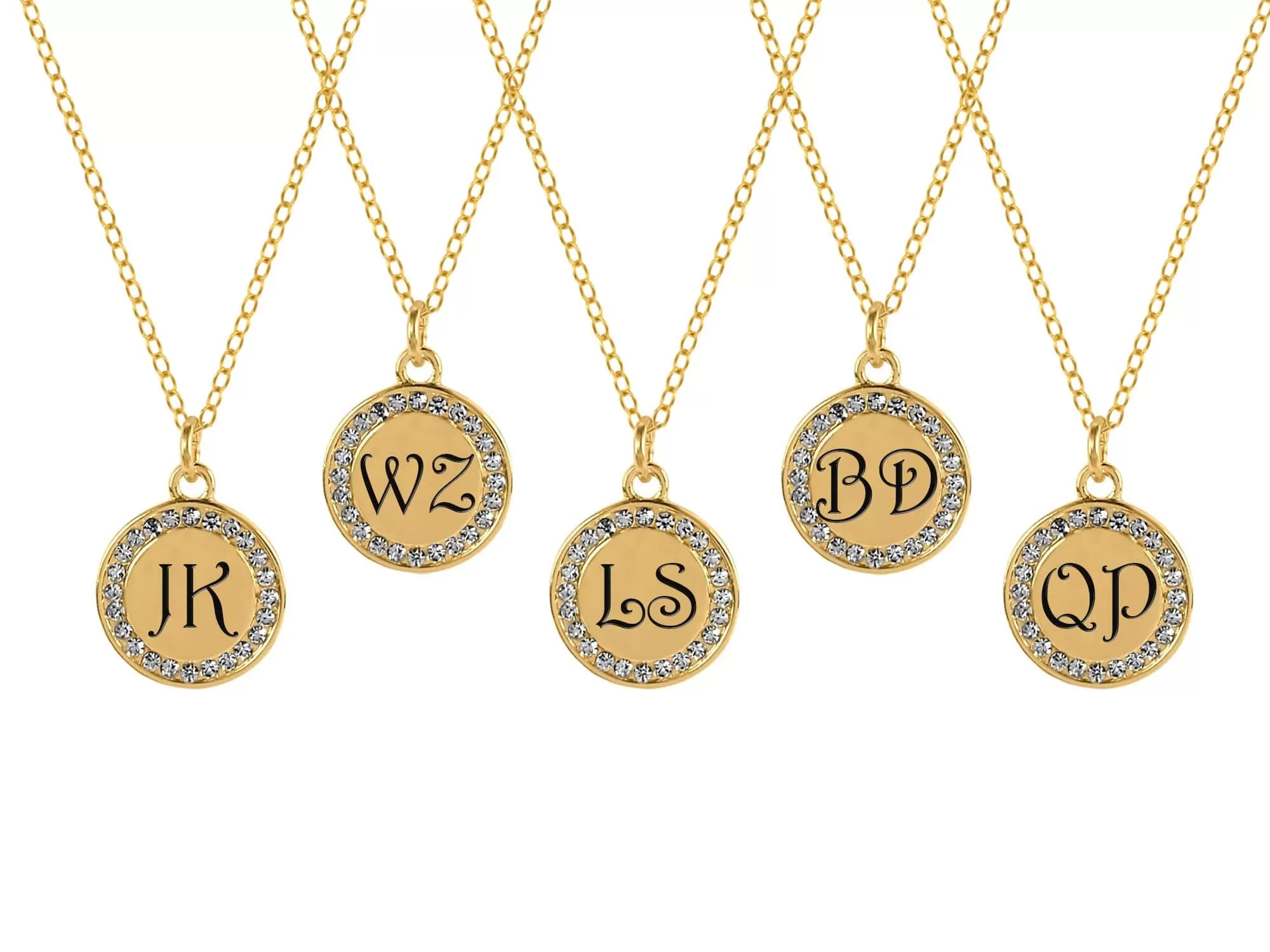 5 Engraved  Personalized Cubic Zirconia Disk Necklaces