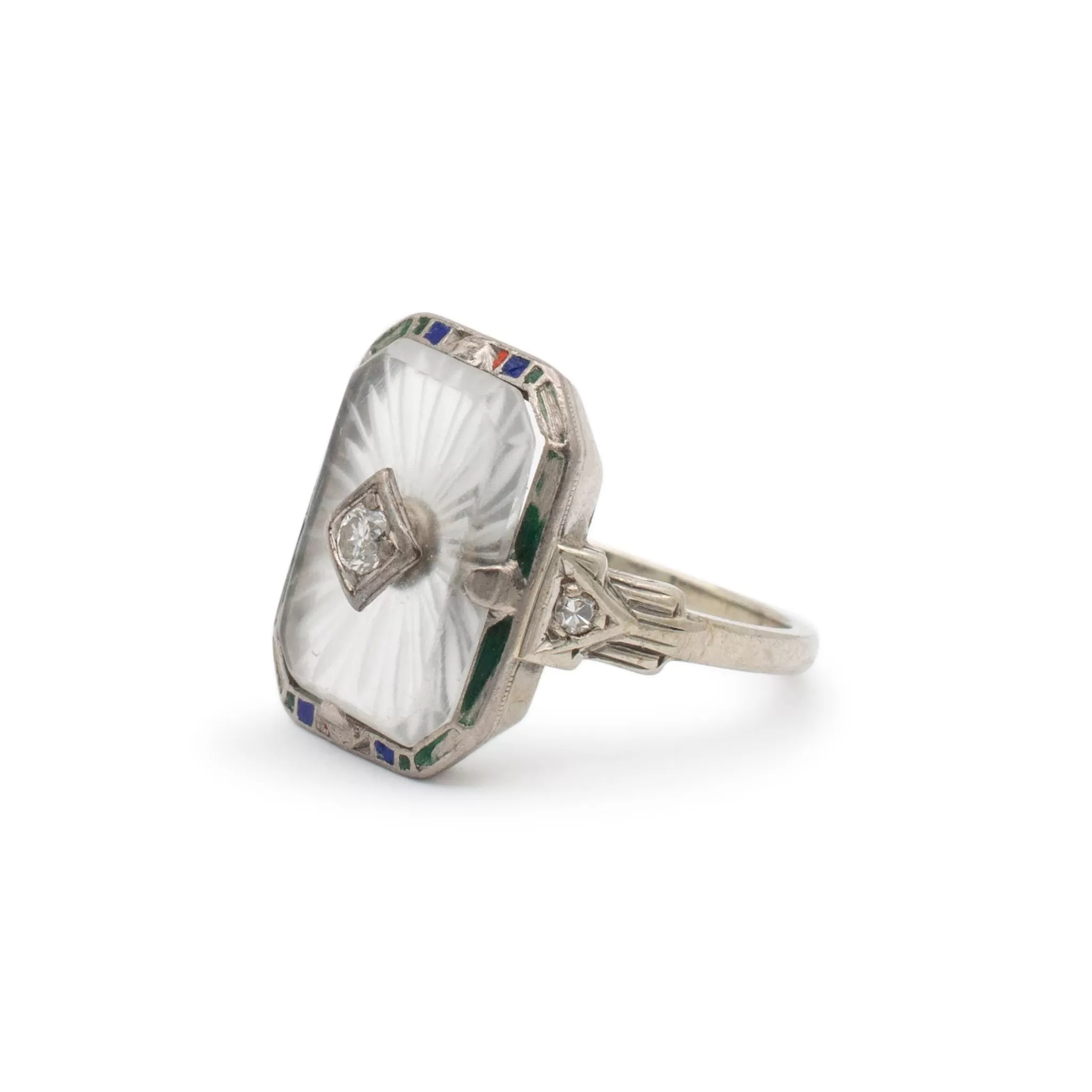 Antique 18 Karat White Gold Diamond Blue and Green Enamel Cocktail Ring