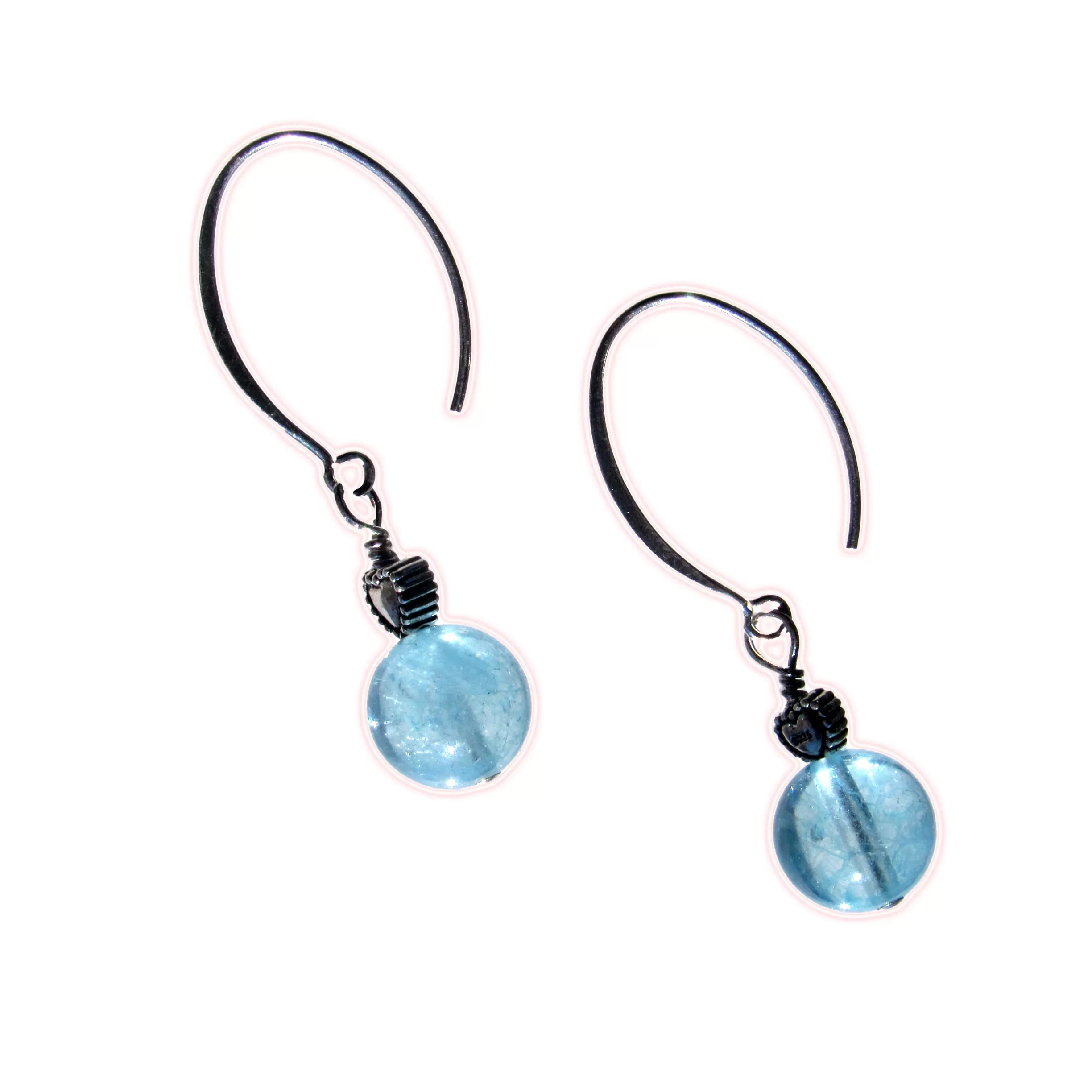 Aquamarine gemstone and Oxidized Sterling Silver Heart Earrings