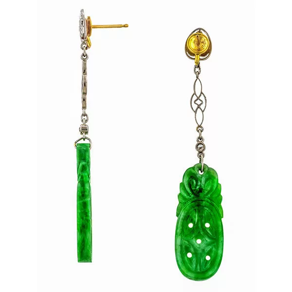 Art Deco Jade & Diamond Drop Earrings