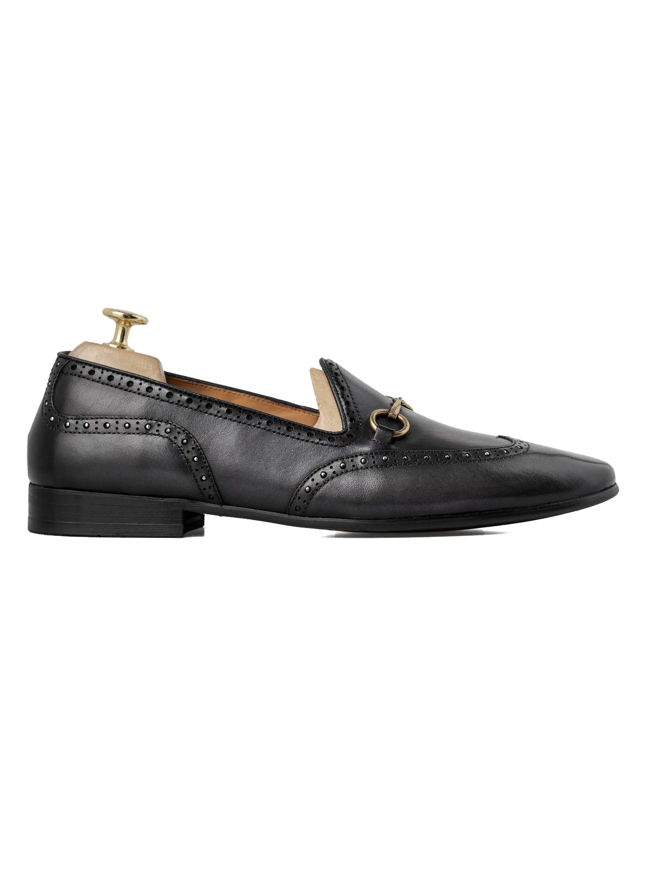 Belgian Loafer Horsebit Buckle - Black Grey with Studded Wingtip (Hand Painted Patina)