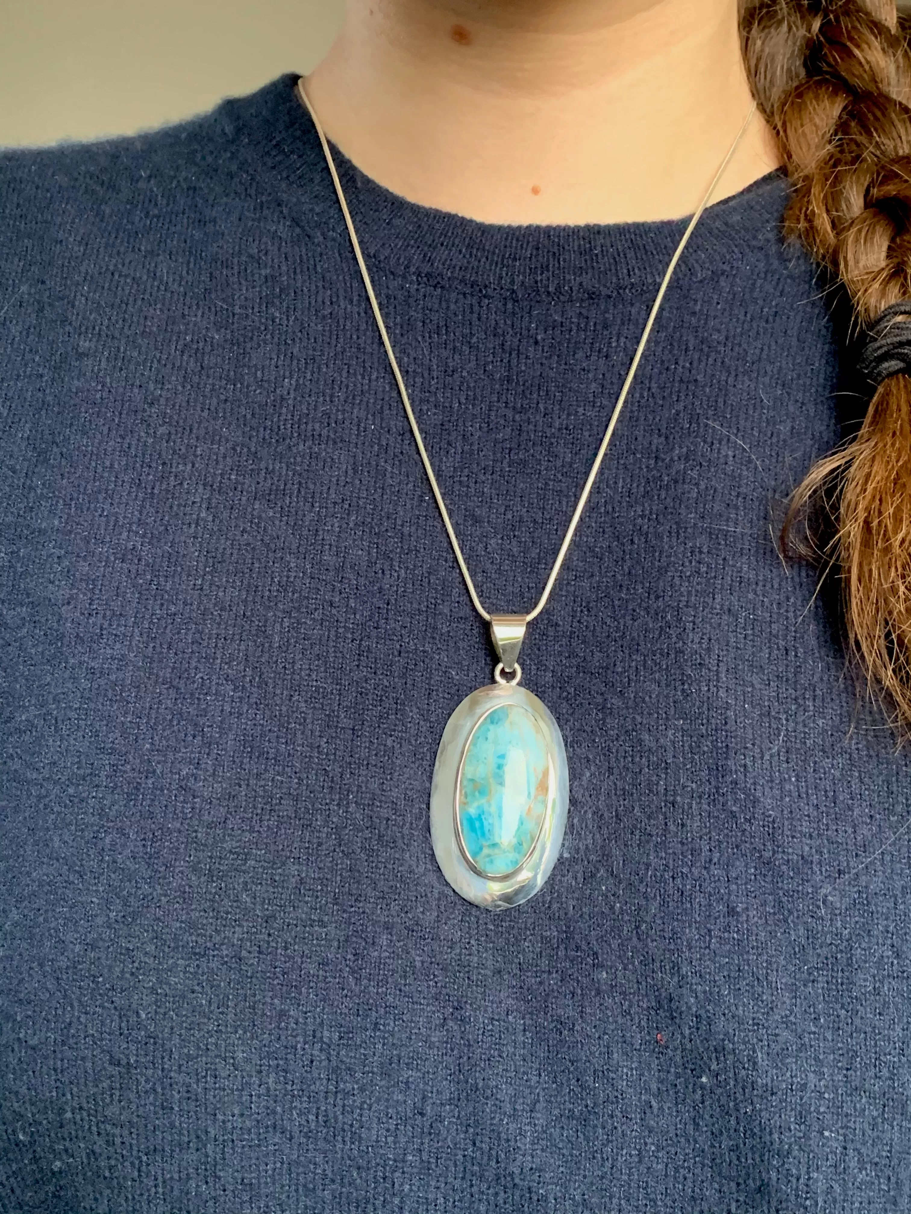 Blue Apatite Medea Pendant - Long Oval