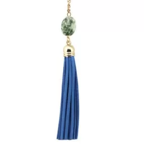 Blue Natural Stone and Tassel Long Gold Necklace