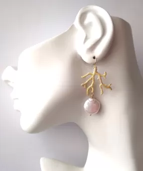 Branch Coral with Freshwater Pearl Drop Earrings