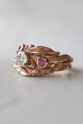 Bridal ring set with moissanite and pink sapphires / Olivia