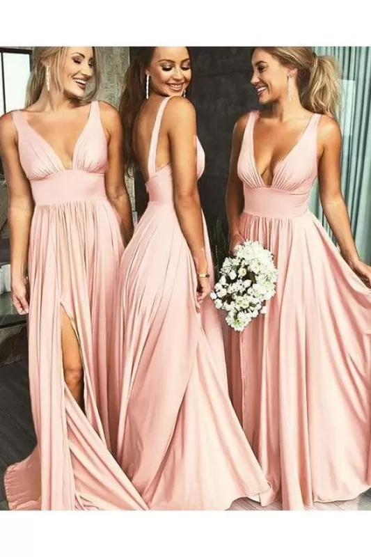 Burgundy Deep V Neck Backless Split Bridesmaid Dress