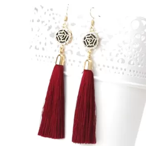 Burgundy Tassel Earrings with Gold and Crystal Flower Charm