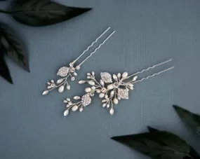 Crystal Leaves and Pearls Hair Pin Set