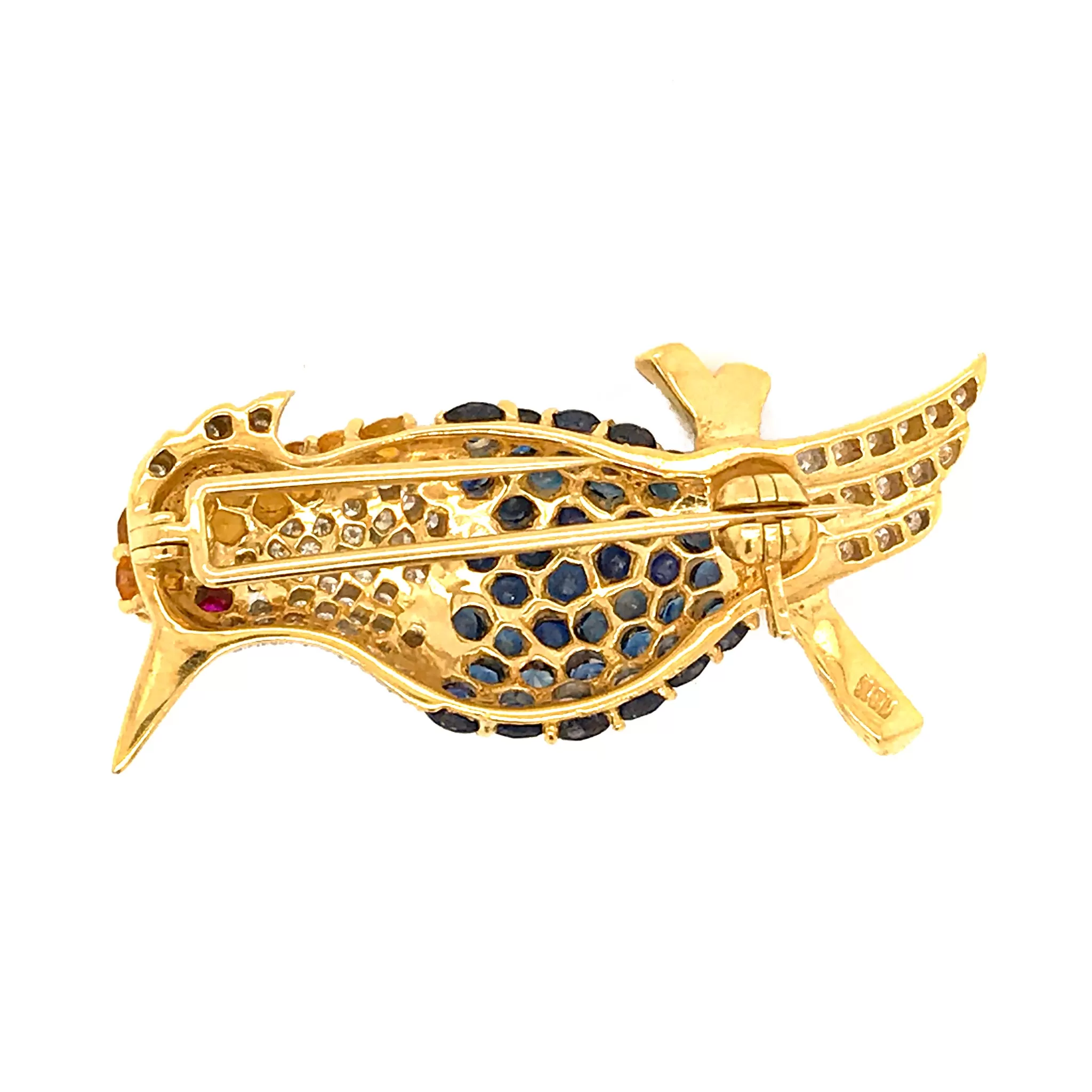 Estate 18K Yellow Gold Sapphire and Diamond Woodpecker Pin