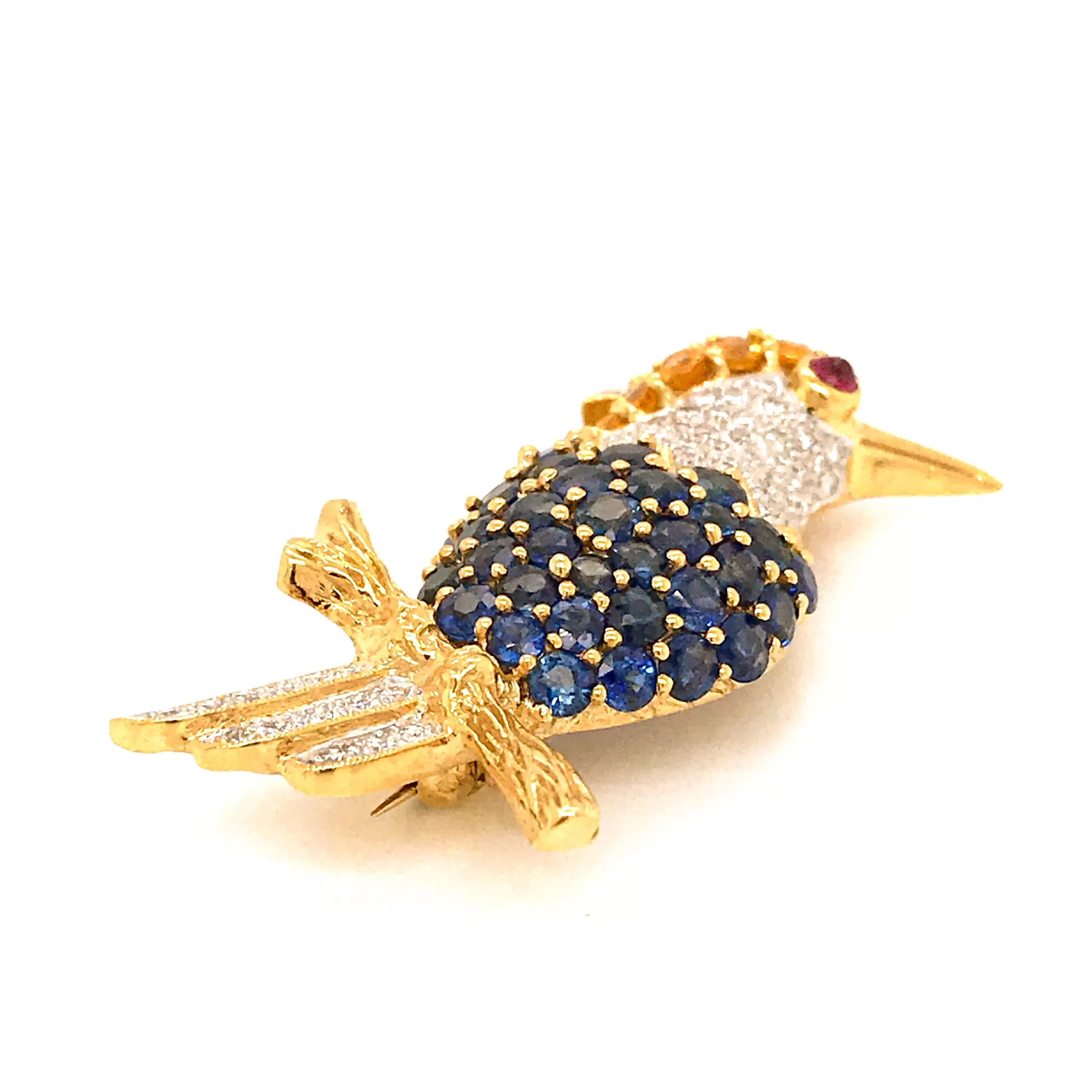 Estate 18K Yellow Gold Sapphire and Diamond Woodpecker Pin