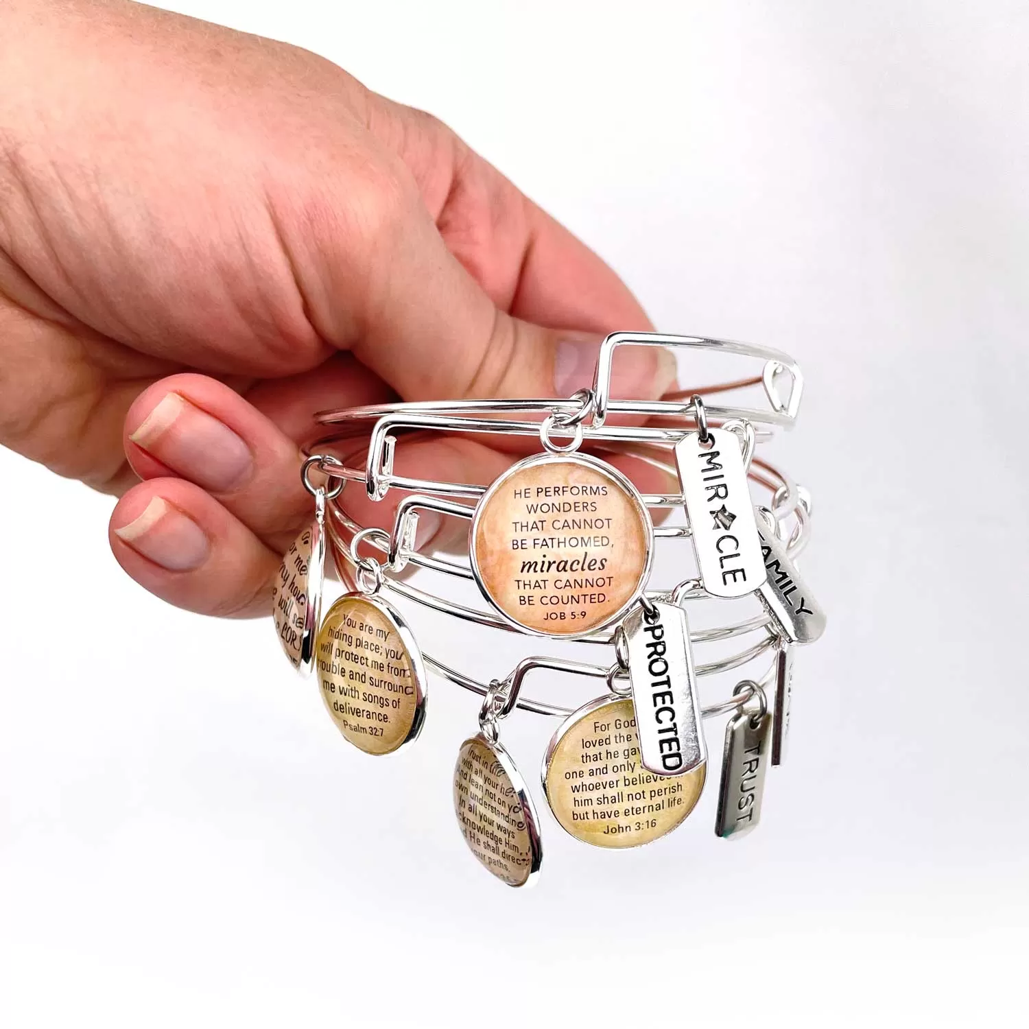 Family and Scripture Charm Bangle Bracelet - Joshua 24:15 Word Scripture Christian Affirmations Jewelry, Silver