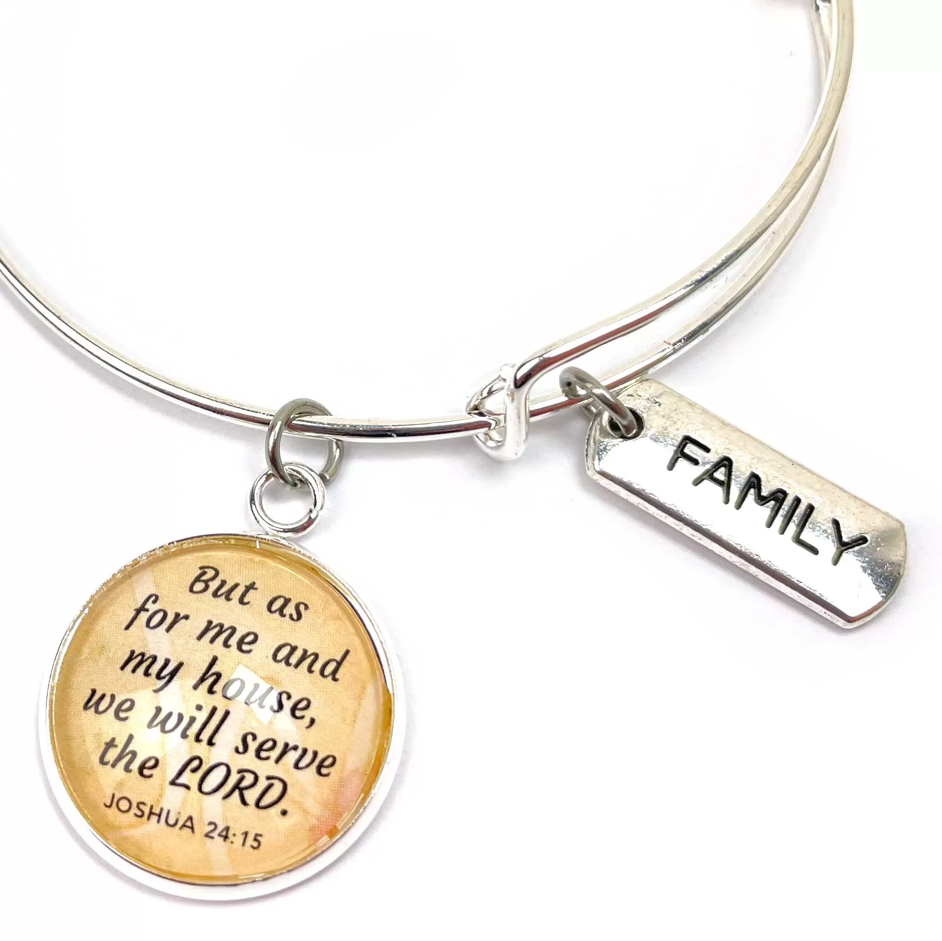 Family and Scripture Charm Bangle Bracelet - Joshua 24:15 Word Scripture Christian Affirmations Jewelry, Silver