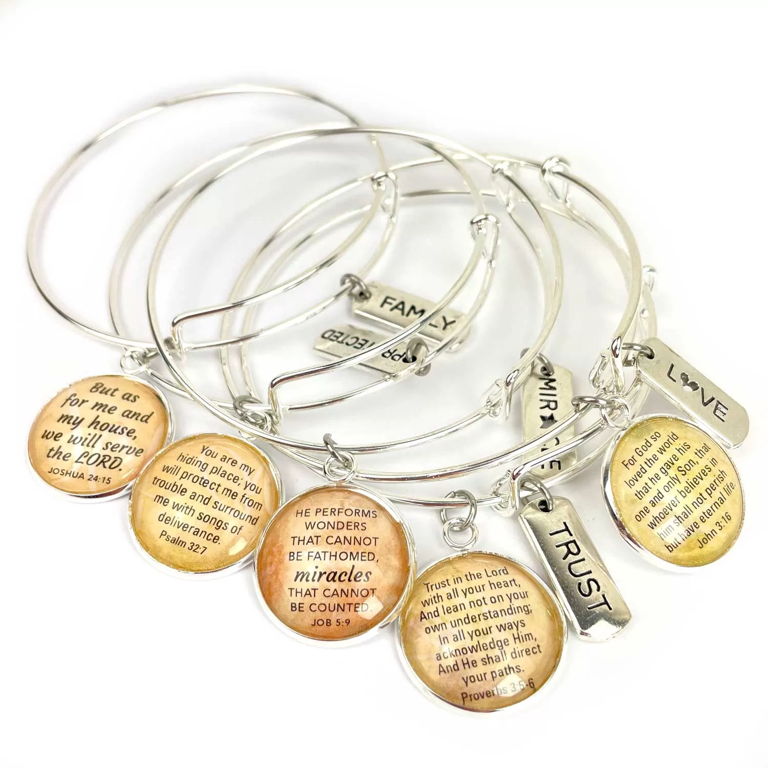 Family and Scripture Charm Bangle Bracelet - Joshua 24:15 Word Scripture Christian Affirmations Jewelry, Silver