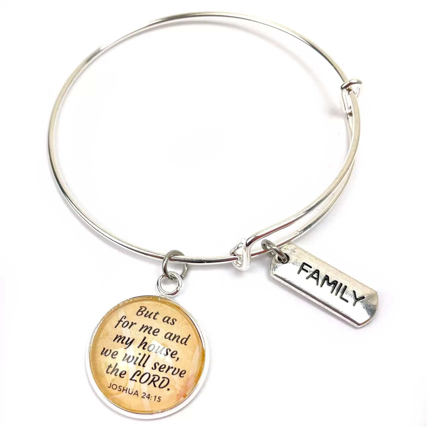 Family and Scripture Charm Bangle Bracelet - Joshua 24:15 Word Scripture Christian Affirmations Jewelry, Silver