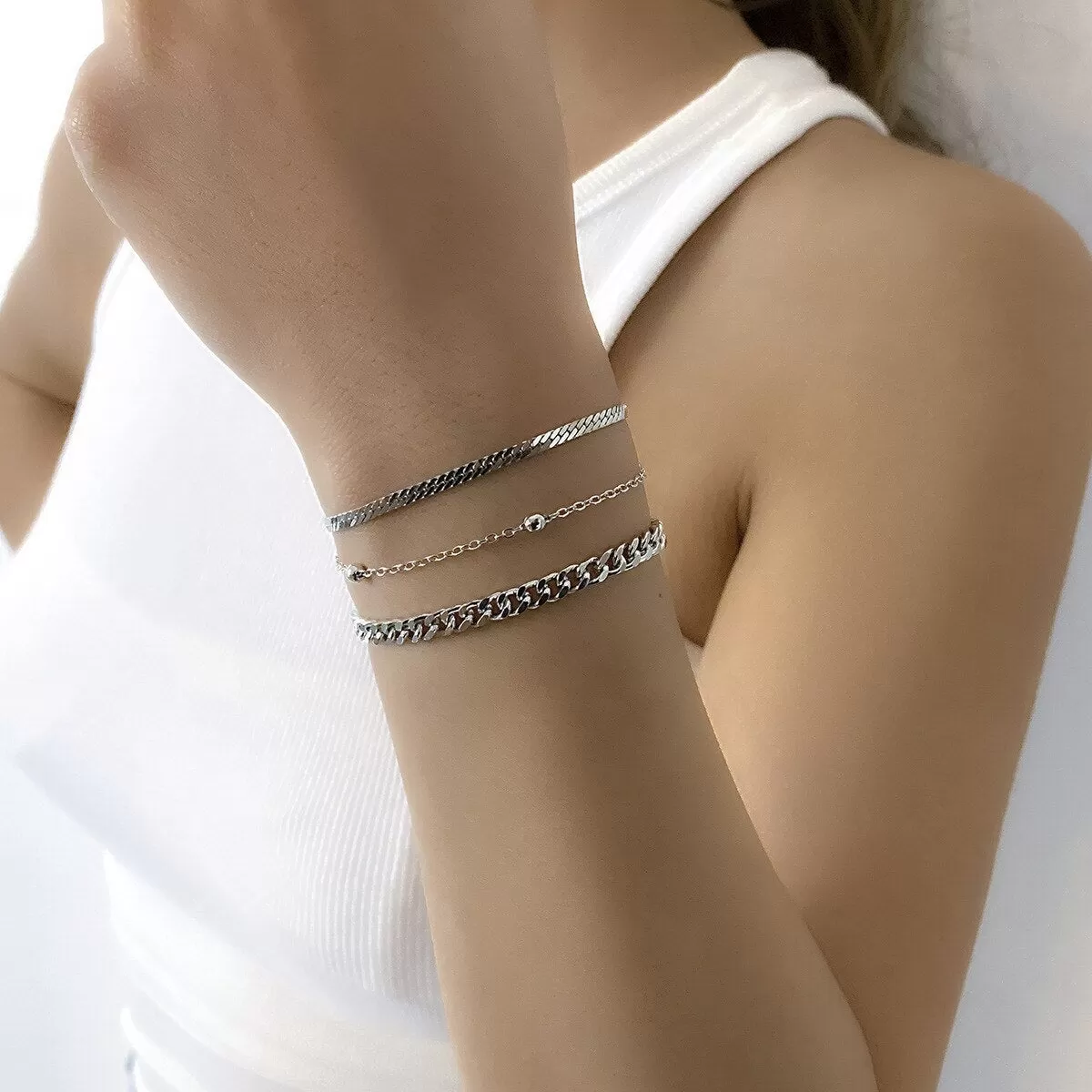 Geometric Layered Rhinestone Tennis Pearl Bracelet