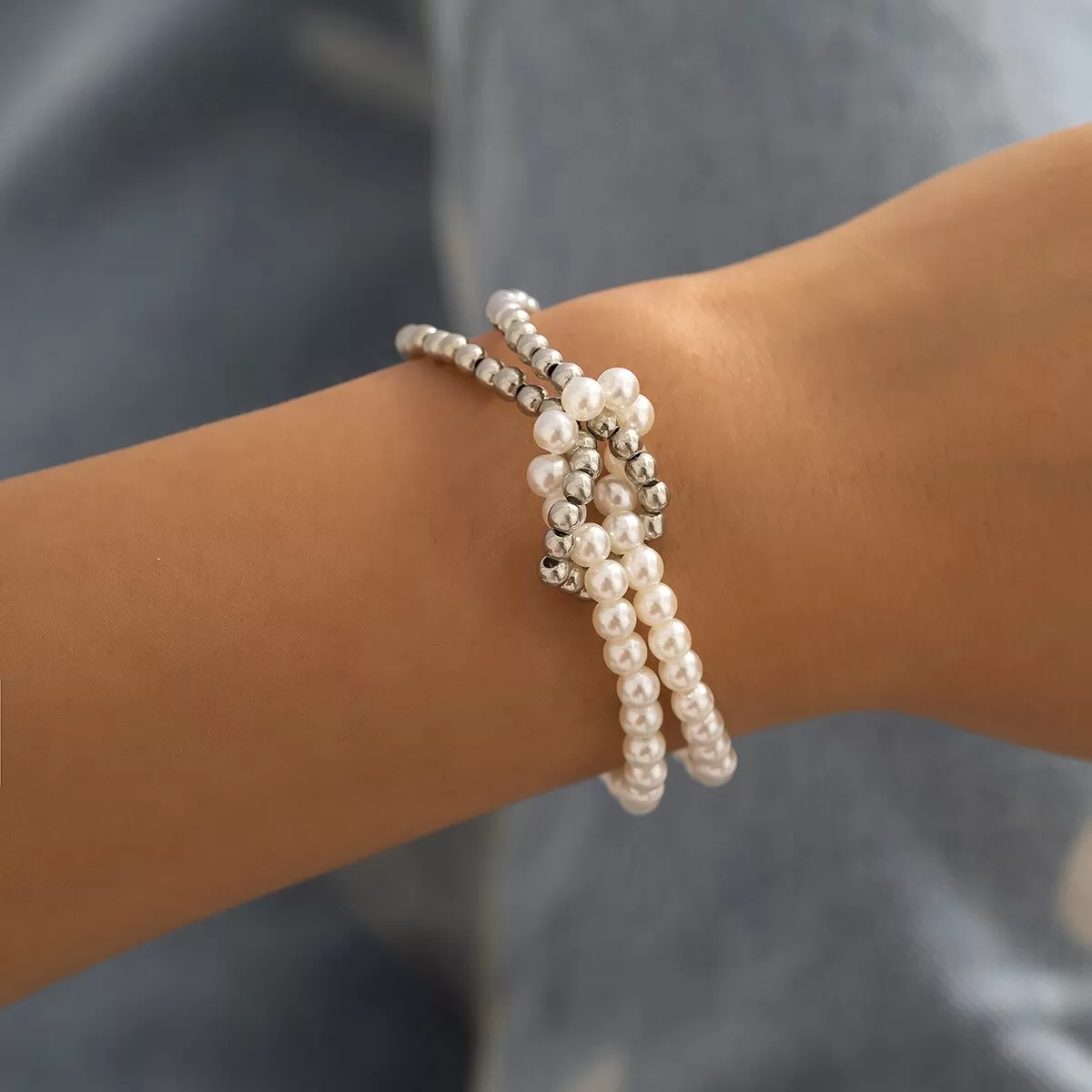 Geometric Layered Rhinestone Tennis Pearl Bracelet