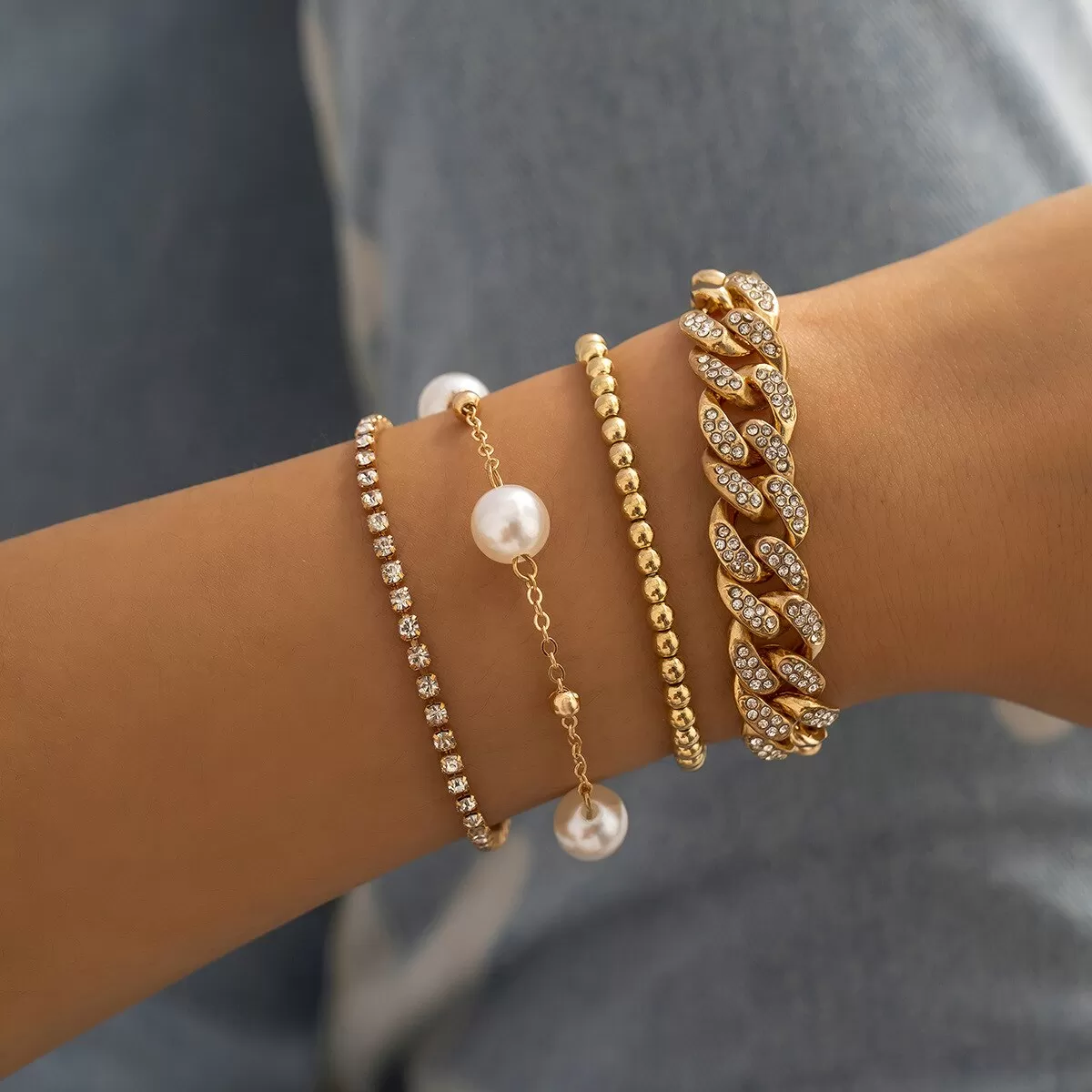 Geometric Layered Rhinestone Tennis Pearl Bracelet