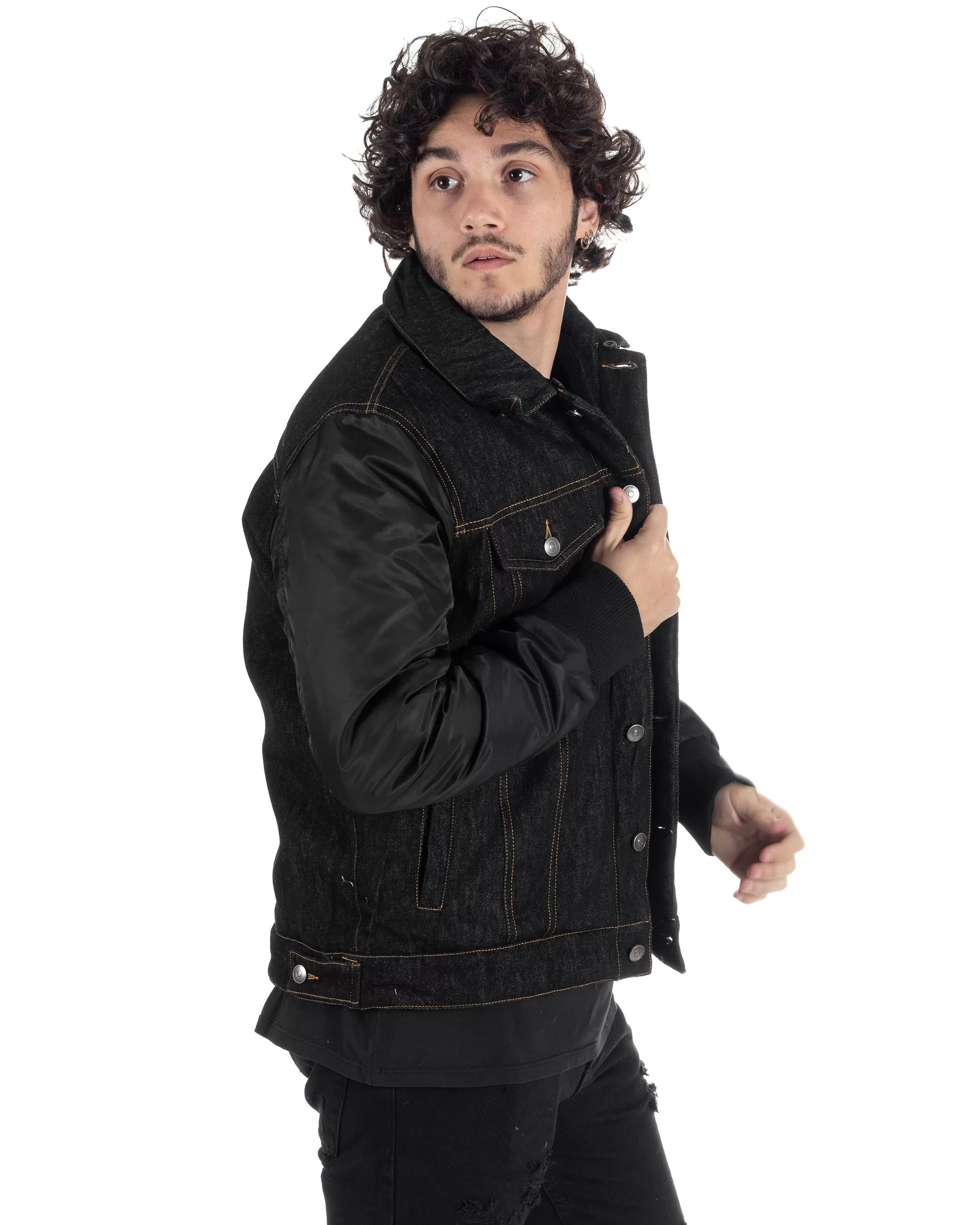 Giubbotto Uomo Jeans Denim Nero Lucido Bomber Con Colletto Pelliccia GIOSAL-G3116A