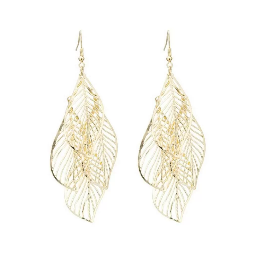 Gold Cut Out Leaf Long Dangle Earrings