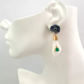 Green Agate on a Carved Sodalite Stud with Green Agate on a Carved Calla Lily White Jade Detachable Twinset Earrings