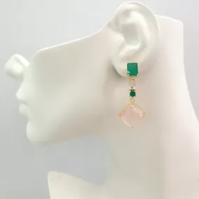 Green Agate Stud with White Topaz, Green Agate and Rose Quartz Twinset Earrings