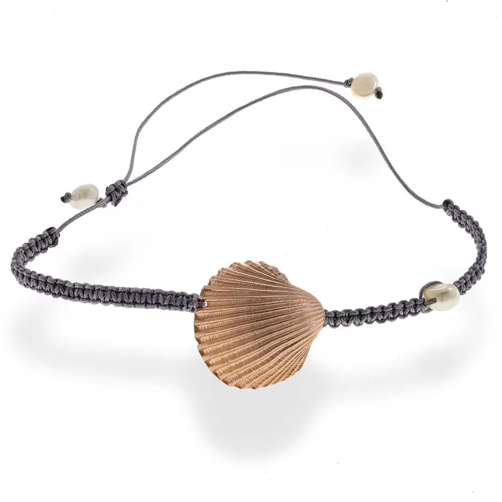 Handmade Macrame Gray Bracelet With A Rose Gold Plated Seashell and Pearls