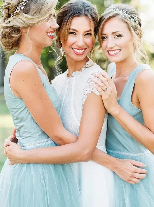 High Low Square Light Sky Blue Tulle Bridesmaid Dress