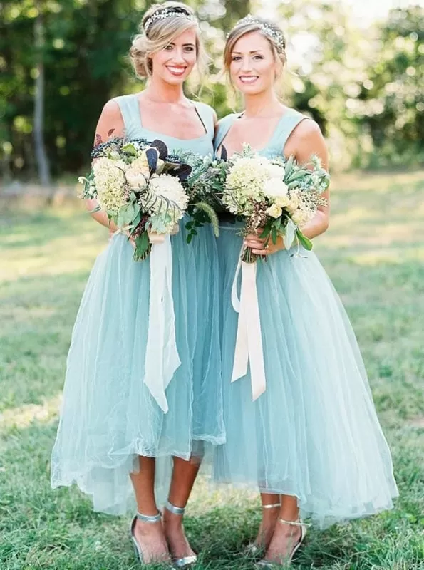 High Low Square Light Sky Blue Tulle Bridesmaid Dress