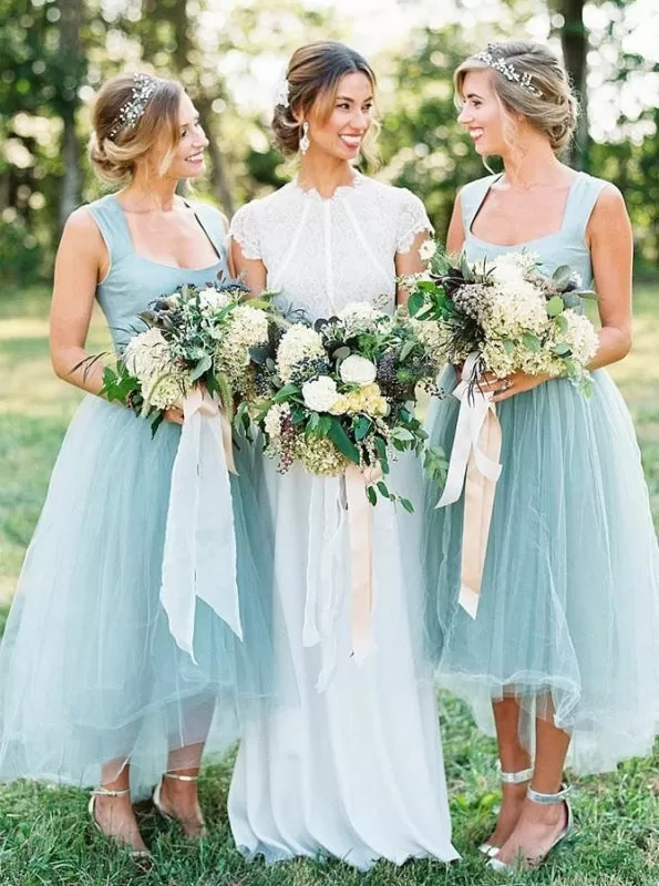 High Low Square Light Sky Blue Tulle Bridesmaid Dress