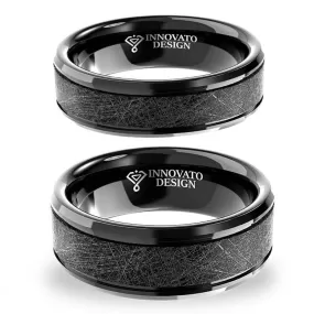 His & Her 6mm/8mm Black Brushed Two Grooved Tungsten Carbide Wedding Set