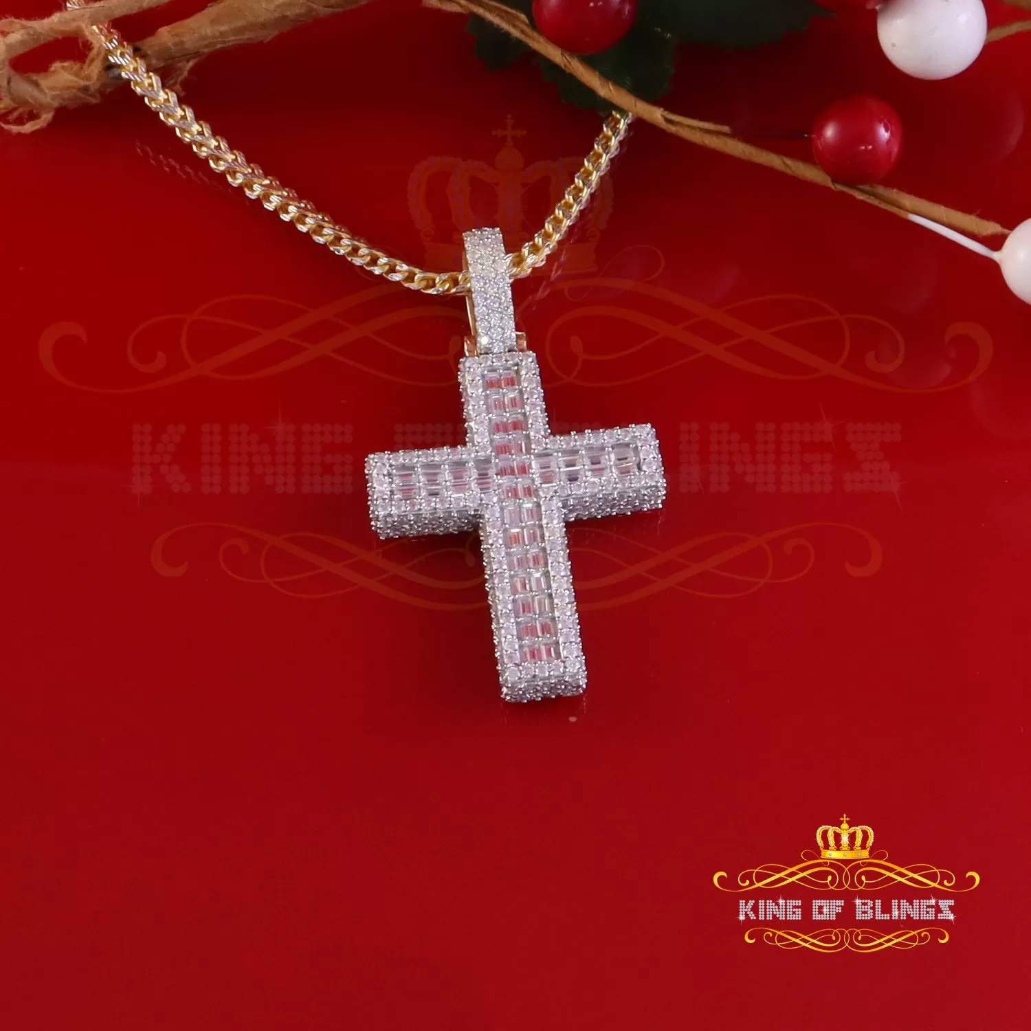 King Of Bling's 925 Sterling Yellow Silver 7.50ct VVS D Clr.Moissanite Cross Pendant Men/ Women.