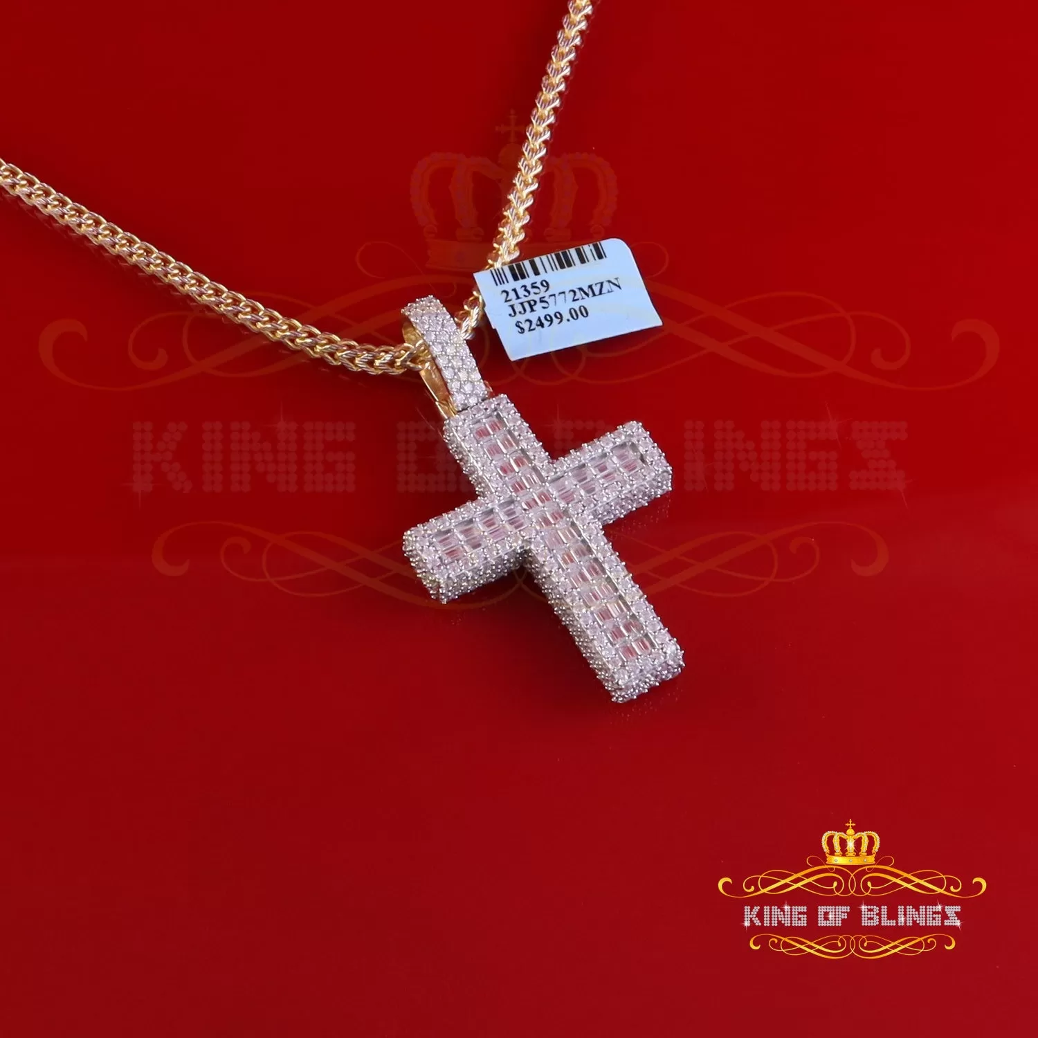 King Of Bling's 925 Sterling Yellow Silver 7.50ct VVS D Clr.Moissanite Cross Pendant Men/ Women.