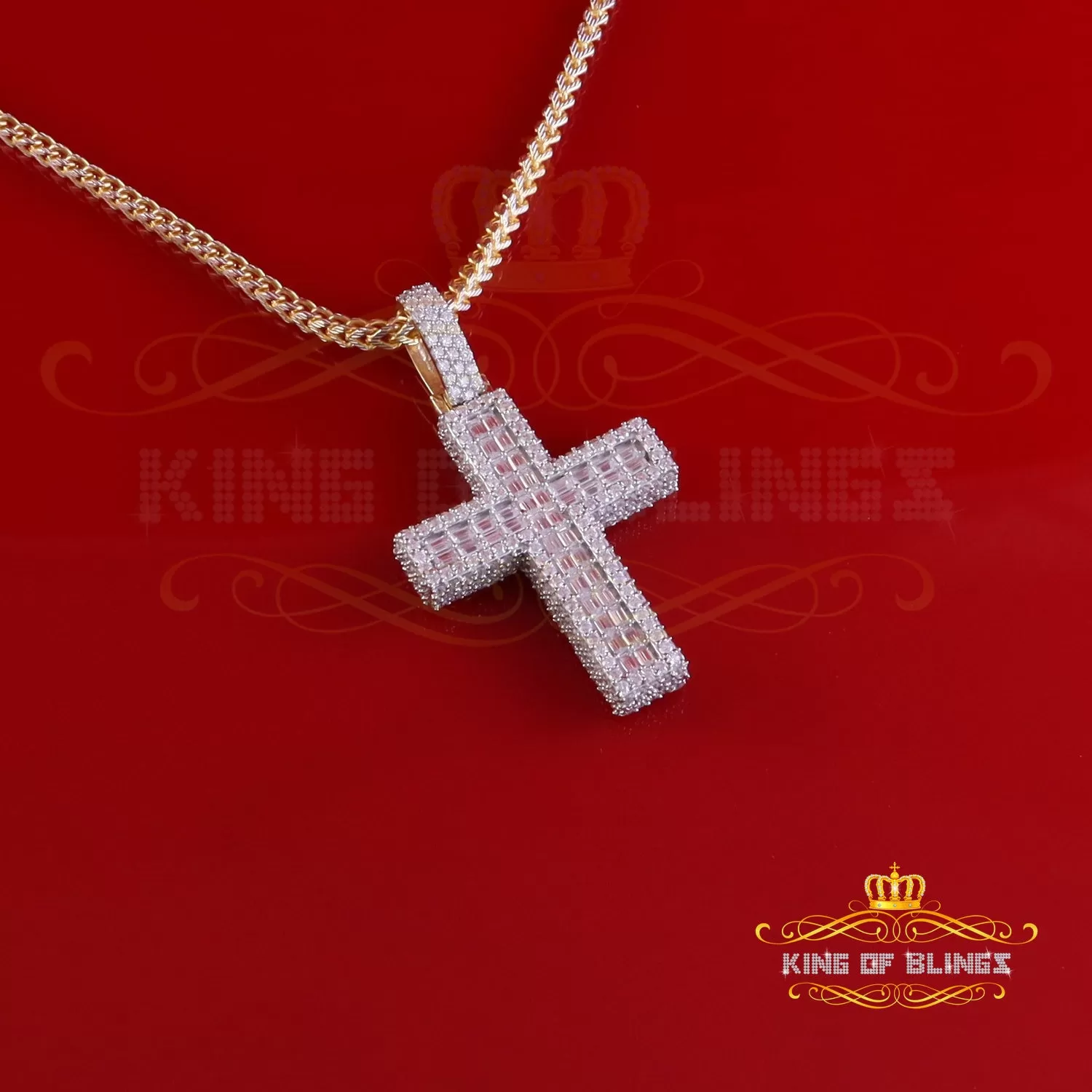 King Of Bling's 925 Sterling Yellow Silver 7.50ct VVS D Clr.Moissanite Cross Pendant Men/ Women.