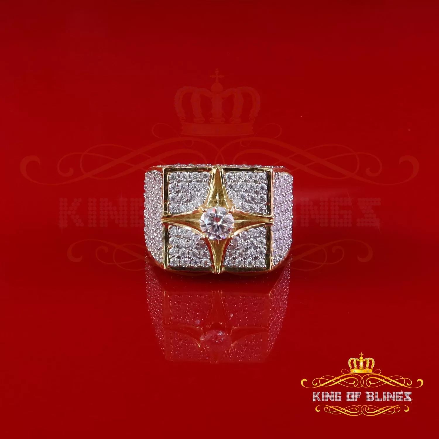 King of Bling's 925 Yellow Sterling Silver 7.00ct VVS 'D' Moissanite Square Men's Rings Size 10