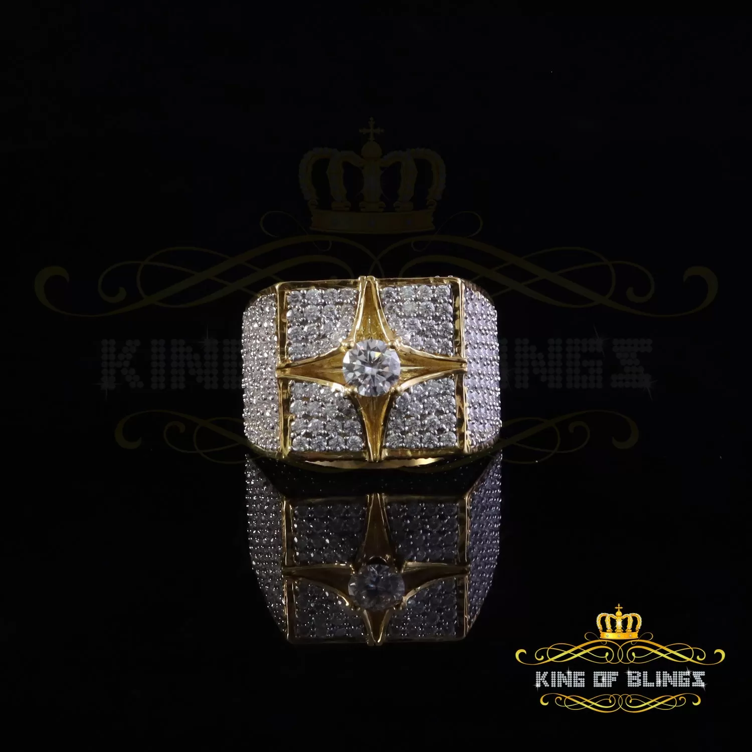 King of Bling's 925 Yellow Sterling Silver 7.00ct VVS 'D' Moissanite Square Men's Rings Size 10