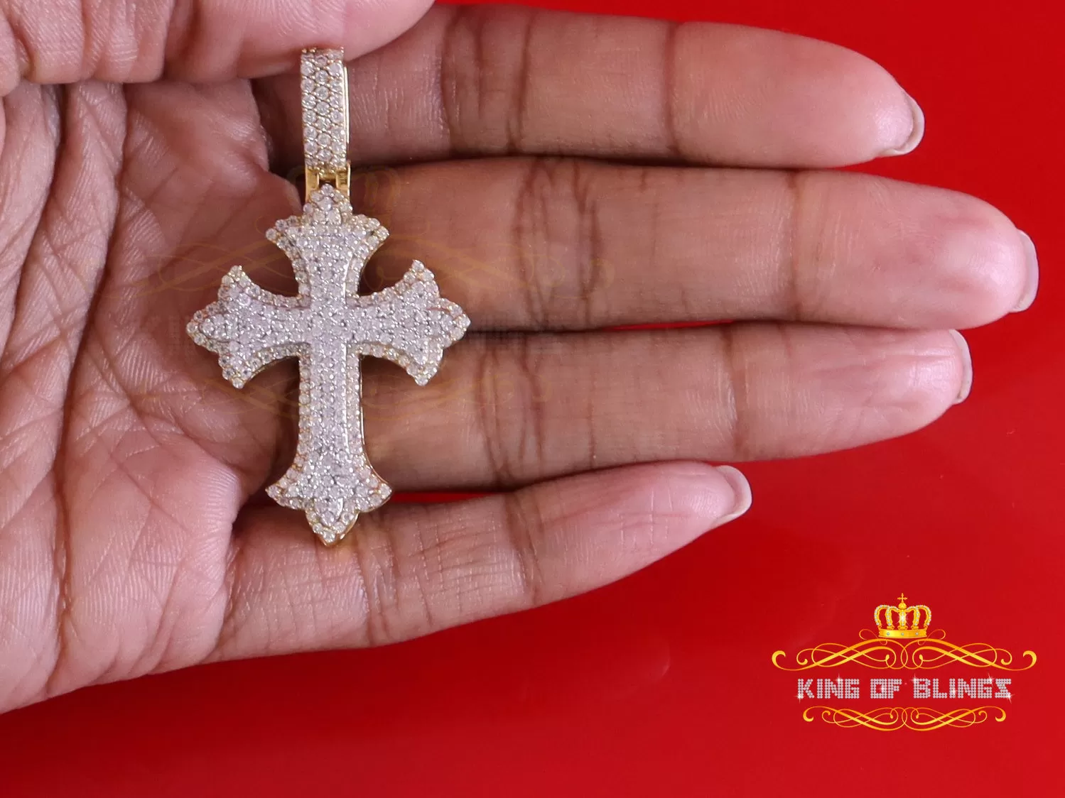 King Of Bling's Men/ Women 925 Sterling Yellow Silver 2.00ct VVS D Clr.Moissanite Cross Pendant.