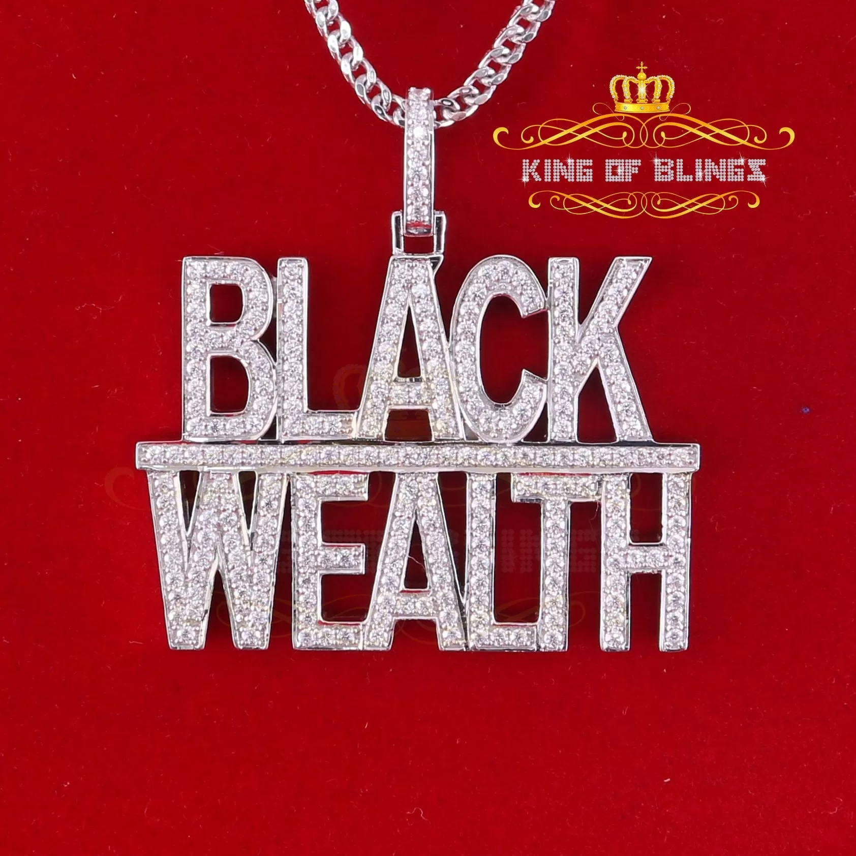 King Of Bling's White 925 Sterling Silver BLACK WEALTH Sign Pendant with 9.30ct Cubic Zirconia