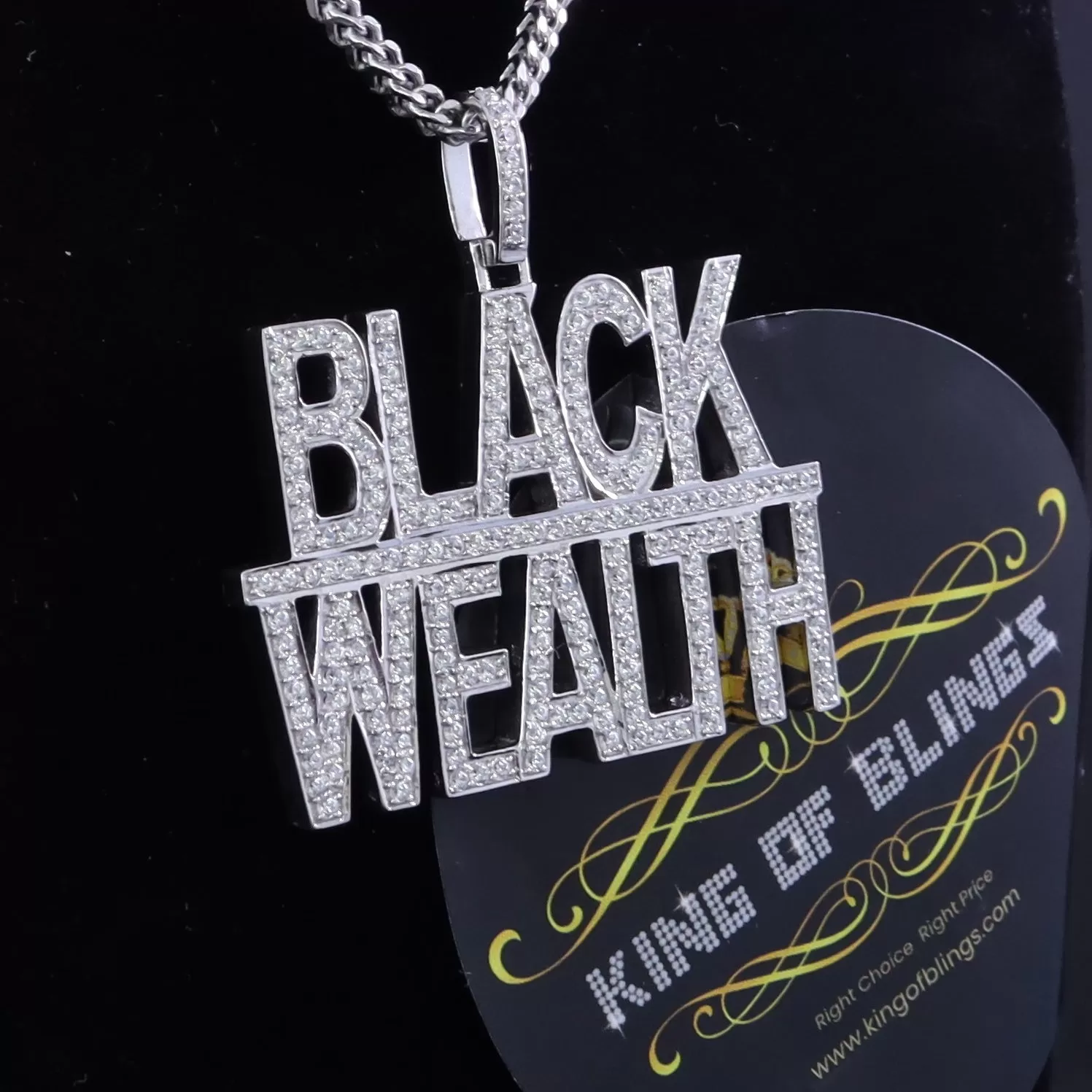 King Of Bling's White 925 Sterling Silver BLACK WEALTH Sign Pendant with 9.30ct Cubic Zirconia