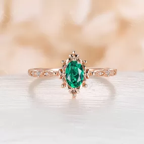 Lab Emerald & Diamond Vintage Filigree Engagement Ring Rose Gold