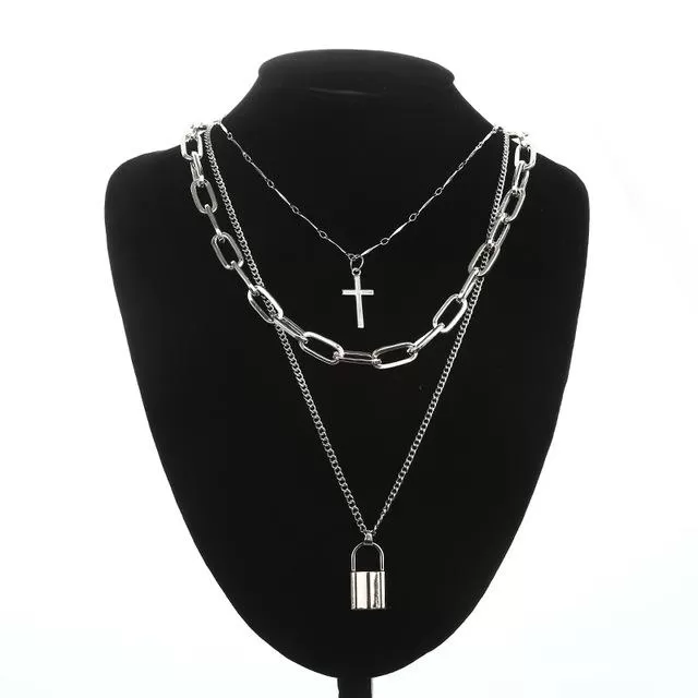 Layered Silver Chain Necklace with Cross and Lock Pendants