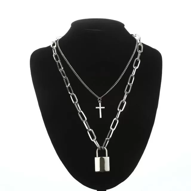 Layered Silver Chain Necklace with Cross and Lock Pendants