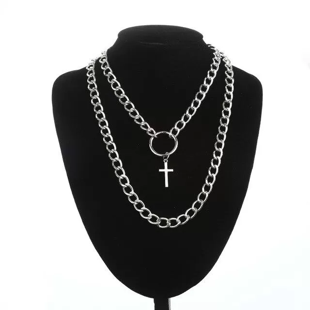 Layered Silver Chain Necklace with Cross and Lock Pendants