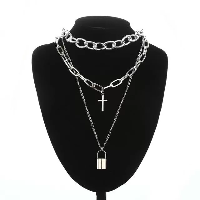 Layered Silver Chain Necklace with Cross and Lock Pendants