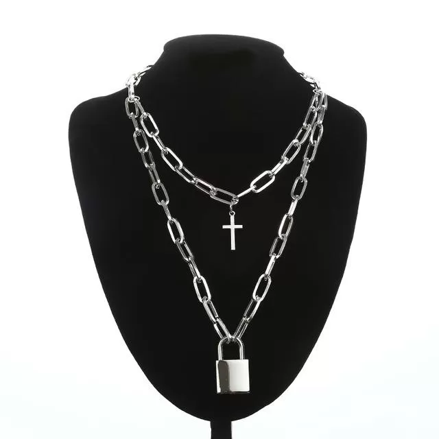 Layered Silver Chain Necklace with Cross and Lock Pendants